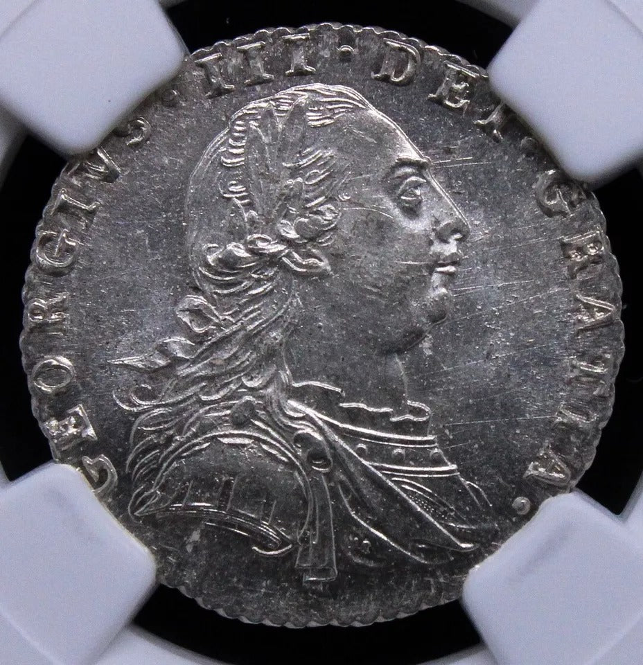 1787 six pence George III, With semée of hearts S.3749. BU NGC MS65