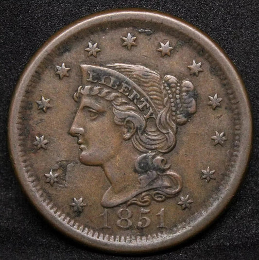 1 Cent 1851, Braided Hair Cent. VF United States America copper