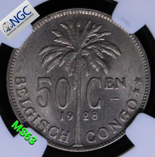 50 Centimes 1928, Belgian Congo, Flemish. KM-22. NGC UNC MS63