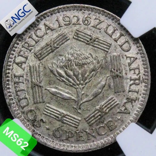 1926 South Africa 6 pence, George V UNC NGC MS62, KM-16.1