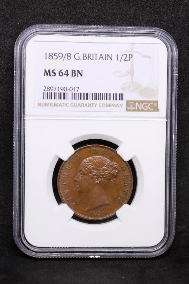 1/2 Penny 1859/8 overdate. Victoria. S.3949. UNC NGC MS64BN