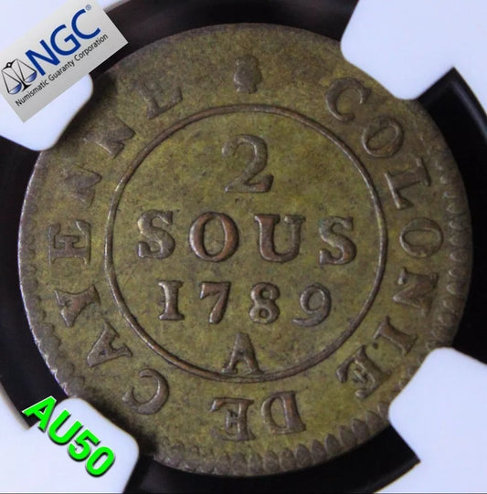 2 Sous 1789-A, French Guiana. KM-1. NGC AU50 SOLD..