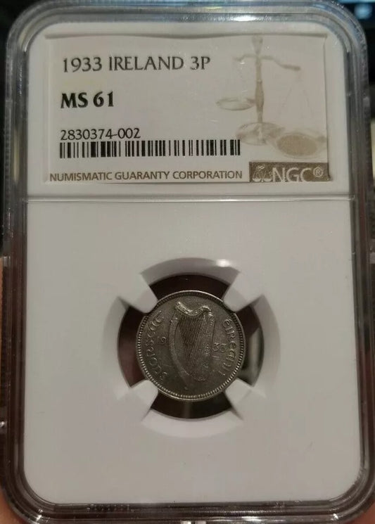 1933 Ireland Republic 3 Pence NGC MS61 KM 4 UNC