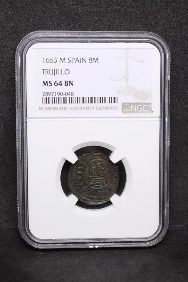 8 Maravedis 1663-M - Felipe IV. Trujillo. KM-171. NGC MS64BN