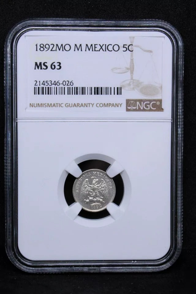 5 Centavos 1892 Mo M. Mexico Silver. KM-398.7 UNC NGC MS63