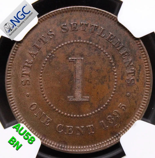 1 cent 1895 Straits Settlements. KM-16 NGC AU58 BN